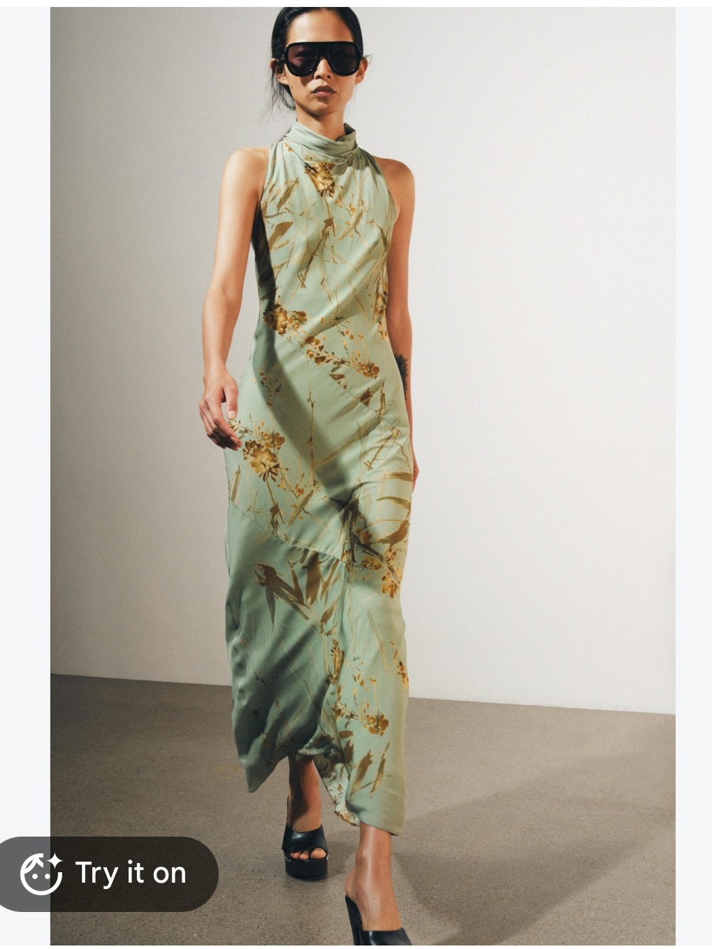 ZARA ZW Collection Printed Long Dress Sleeveless Sage Green Floral Halter Maxi L